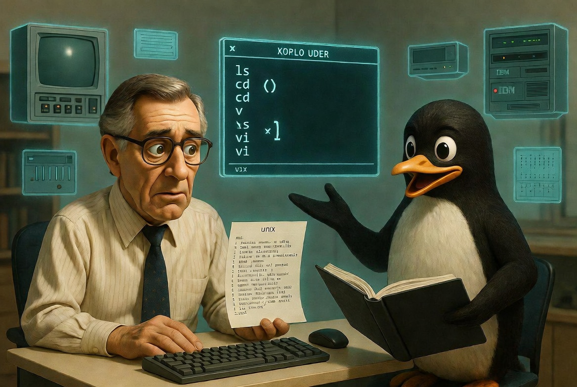 An elderly man in a shirt and tie looks worried while a penguin holds a book and points at a sheet labeled UNIX in front of a computer setup with blue holographic screens.